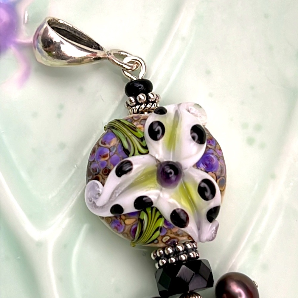 🆕 STERLING SILVER PENDANT DOTS FLOWER PURPLE LAMPWORK